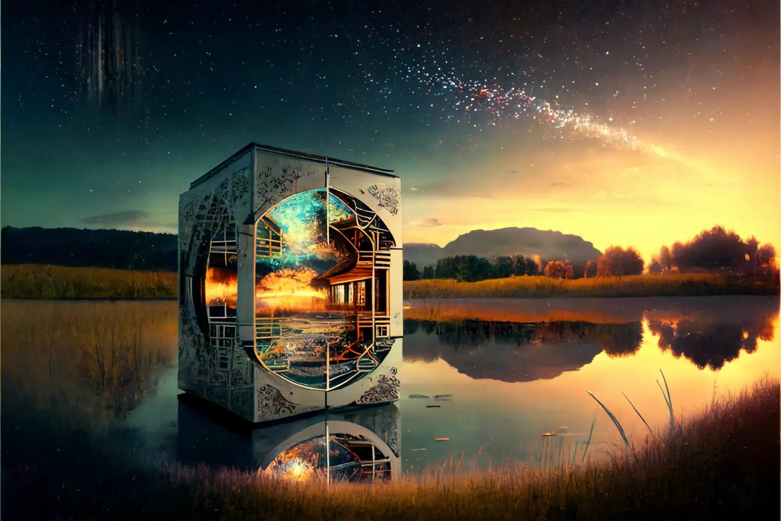 Fields And Meadows, Cosmic Computer, Space Mechanism, Complex Construction, At The Lake, Fireplace, Panoramic View, Reflection, Shining, Volume Light, Natural Light, Precision Technology --Ar 3:2 --Chaos 90 --Test --Creative