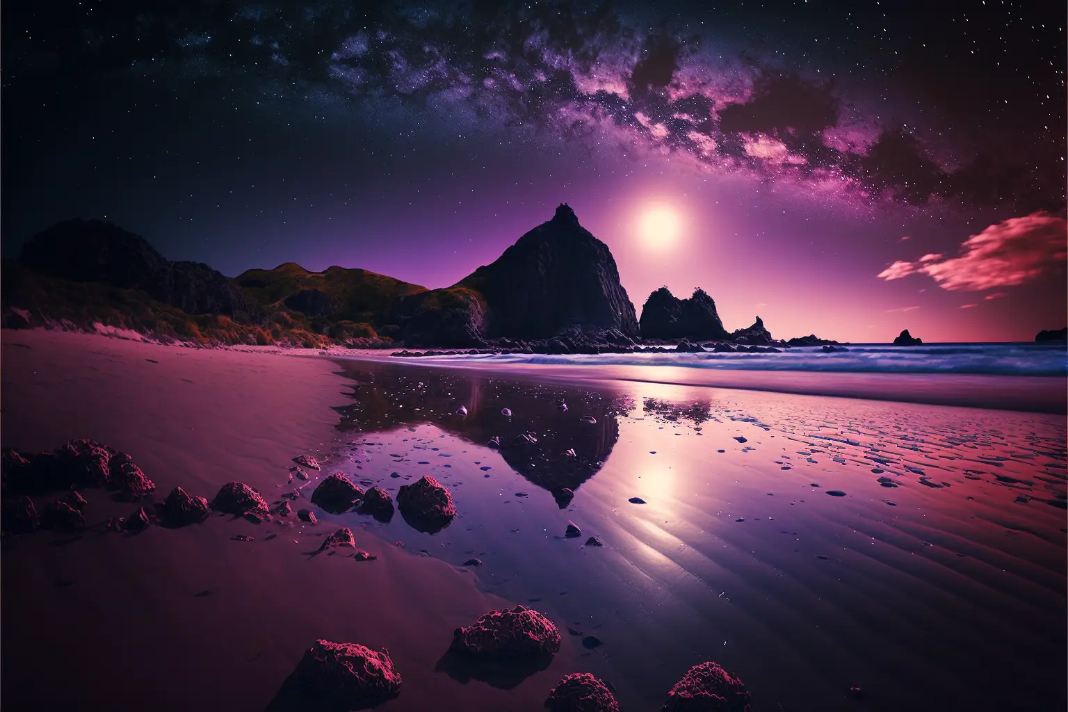 A Beach During Night Time, Lilac Moon And Shining Stars In The Sky