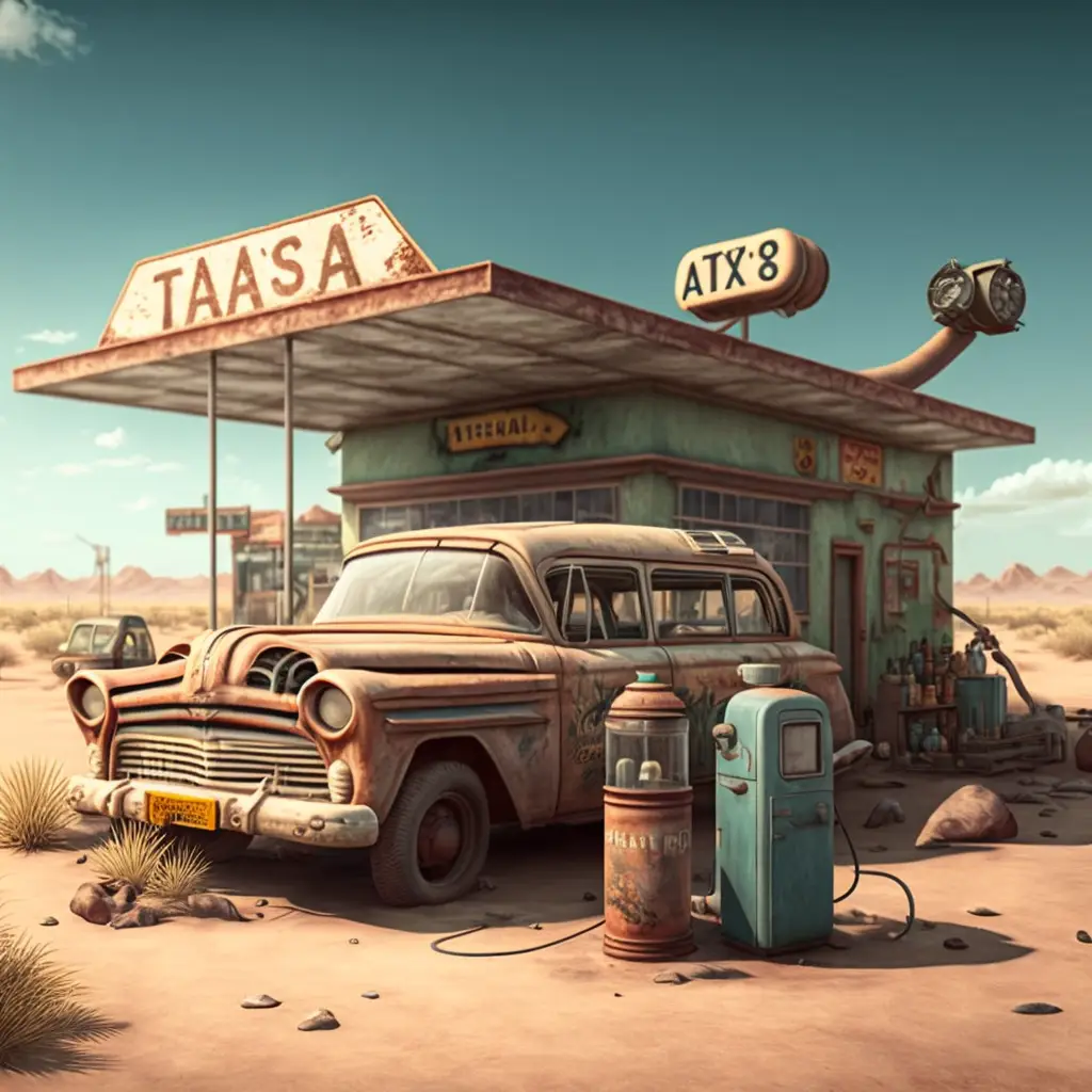 Vintage Gas Station , Taxas, In Desert, With Old Car, Zombie, Highly Realistic