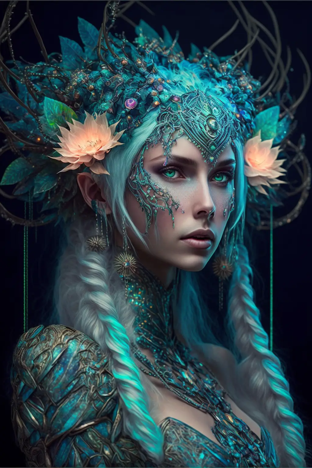 3/4 Length, Young Elven Princess, Futuristic, Bioluminescent, Intricate Translucent Top, Elaborate Headpiece, Vivid Colours, Enchanted Forest, Insane Details, Photorealistic, --Ar 2:3 --V 4 --Q 2 --Q 2