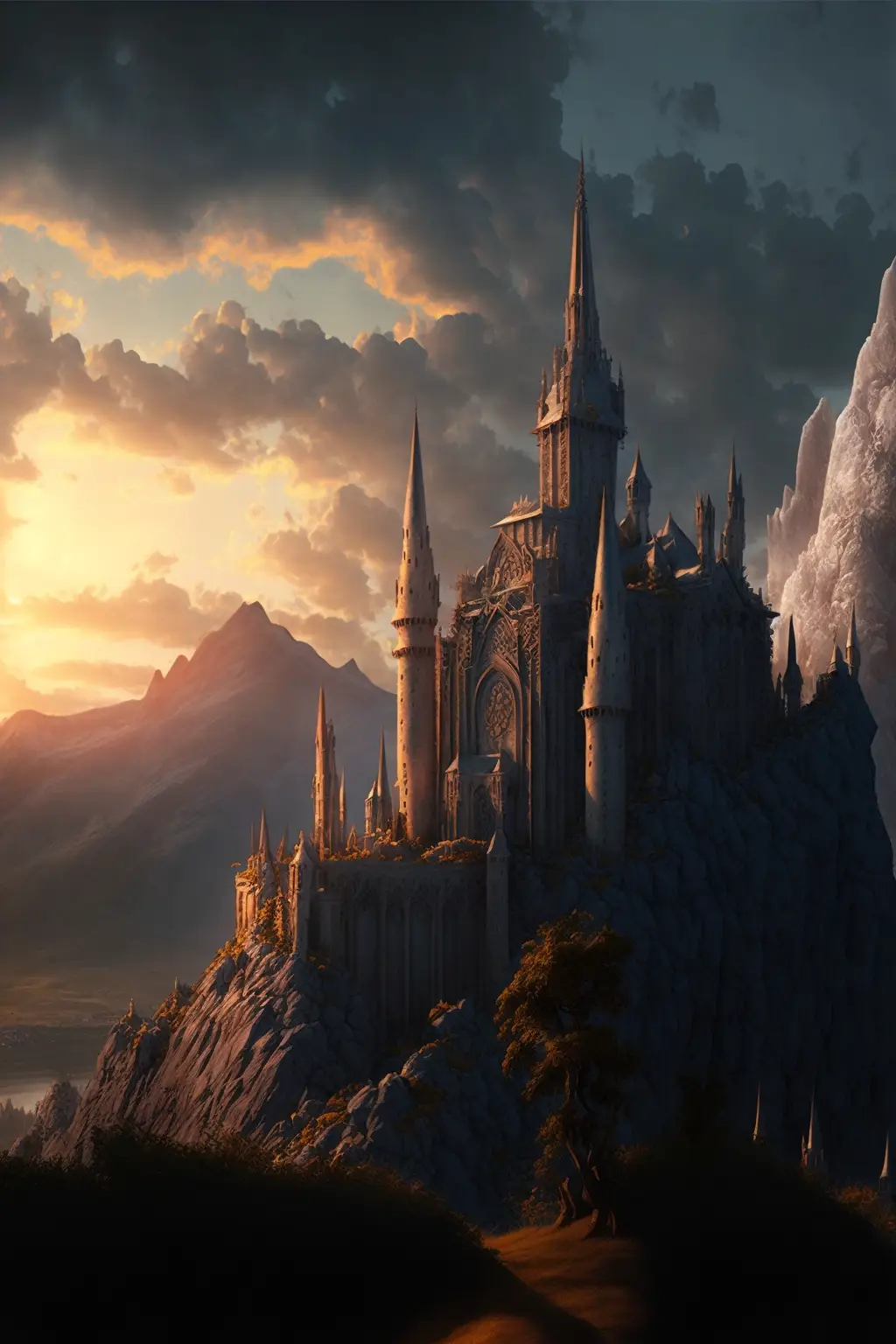 Gondor The Beautiful City, Puffy Clouds, Sunset, Hyperdetailed, Ciruelo Cabral Style, Cinematic Lighting, Long Shadows, Saturated Contrast --Ar 2:3