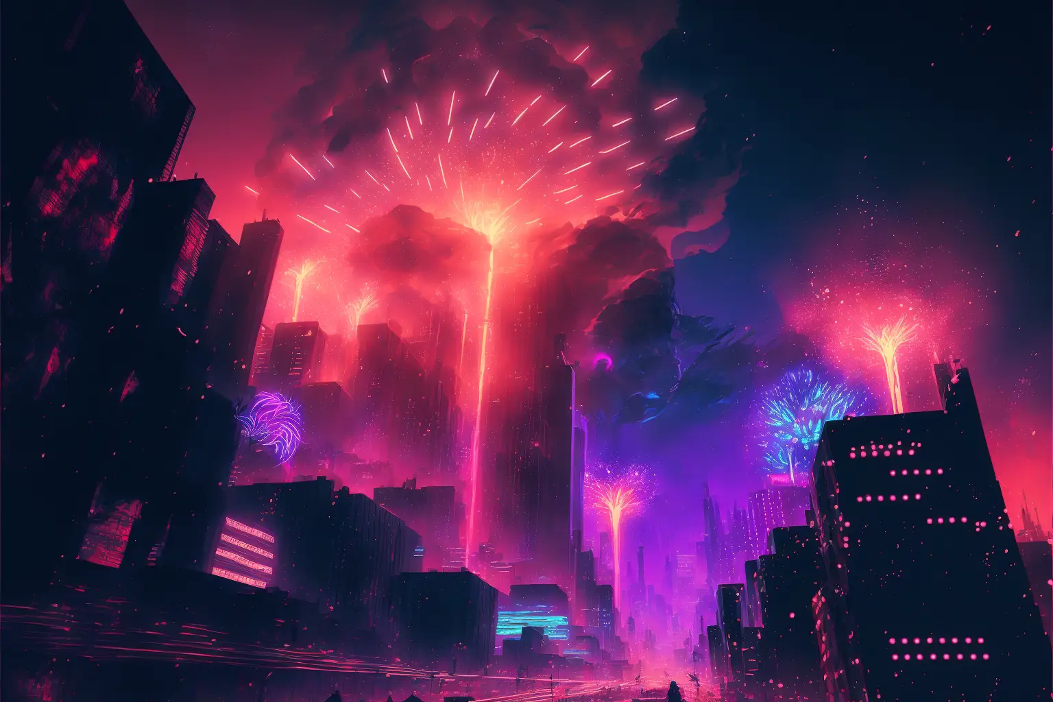 New Year Fireworks In Cyberpunk Neon City