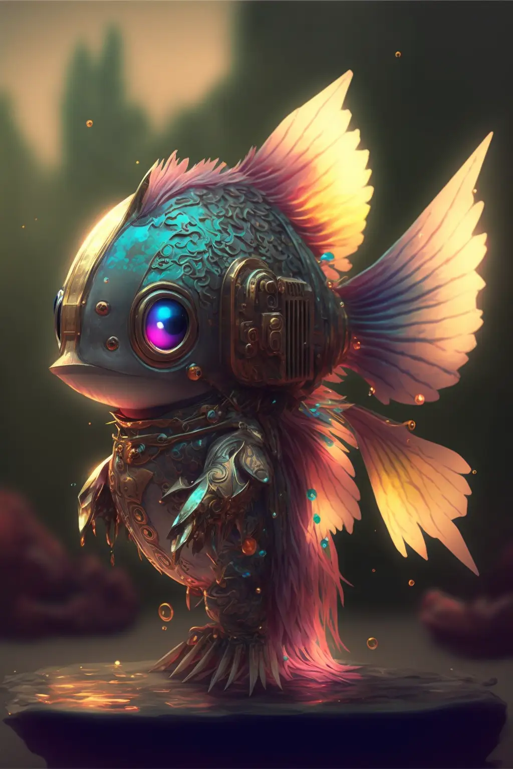 Cute Chibi Betta Fish Masked Ironman/Robotech-Mecha Fusion, Cyber-Medieval Cyber-Samurai, Hyperdetailed, Dripping Iridescent Oil + In The Style Of Dinsey, Pascal Blanche And Dominic Qwek And Nicolas De Stael + Cinematic Lighting, Samuraipunk Cyberpunk Atompunk, Splattered Oil Paint, Digital Glitches --Ar 2:3 --V 4