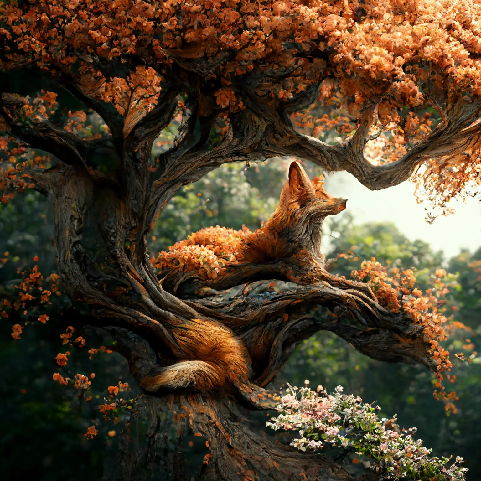 A Large Flowering Tree In A Forest, With A Fox Lying Upside Down On One Of Its Branches, Full Tree, Entire Tree, Ultra Realistic, 8K