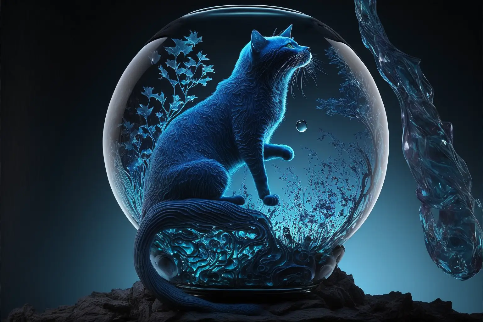 A Blue Glass Cat Howling At The Blue Moonlight