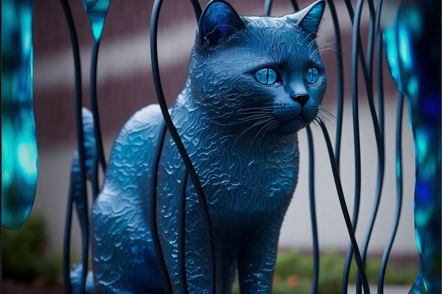 Blue Cat Made Of Glass On A Glass Fence Maoning At The Blue Moon