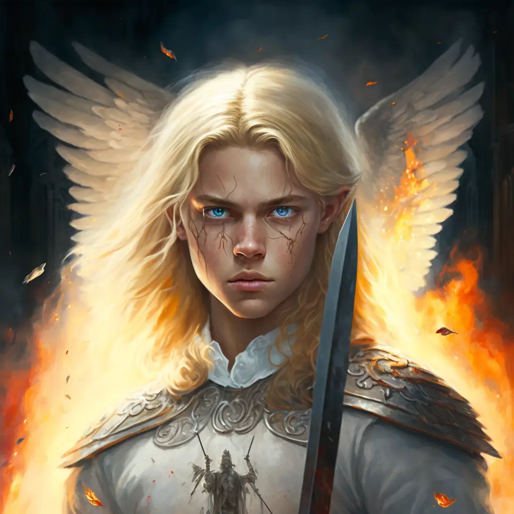 A Blond Teen Angel With A Sword Of Fire Fighting With Flying Demons