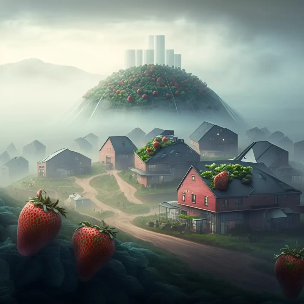Hill Top Strawberry Farm With City View Fog Cyberpunk Hyper Realistic Futuristic