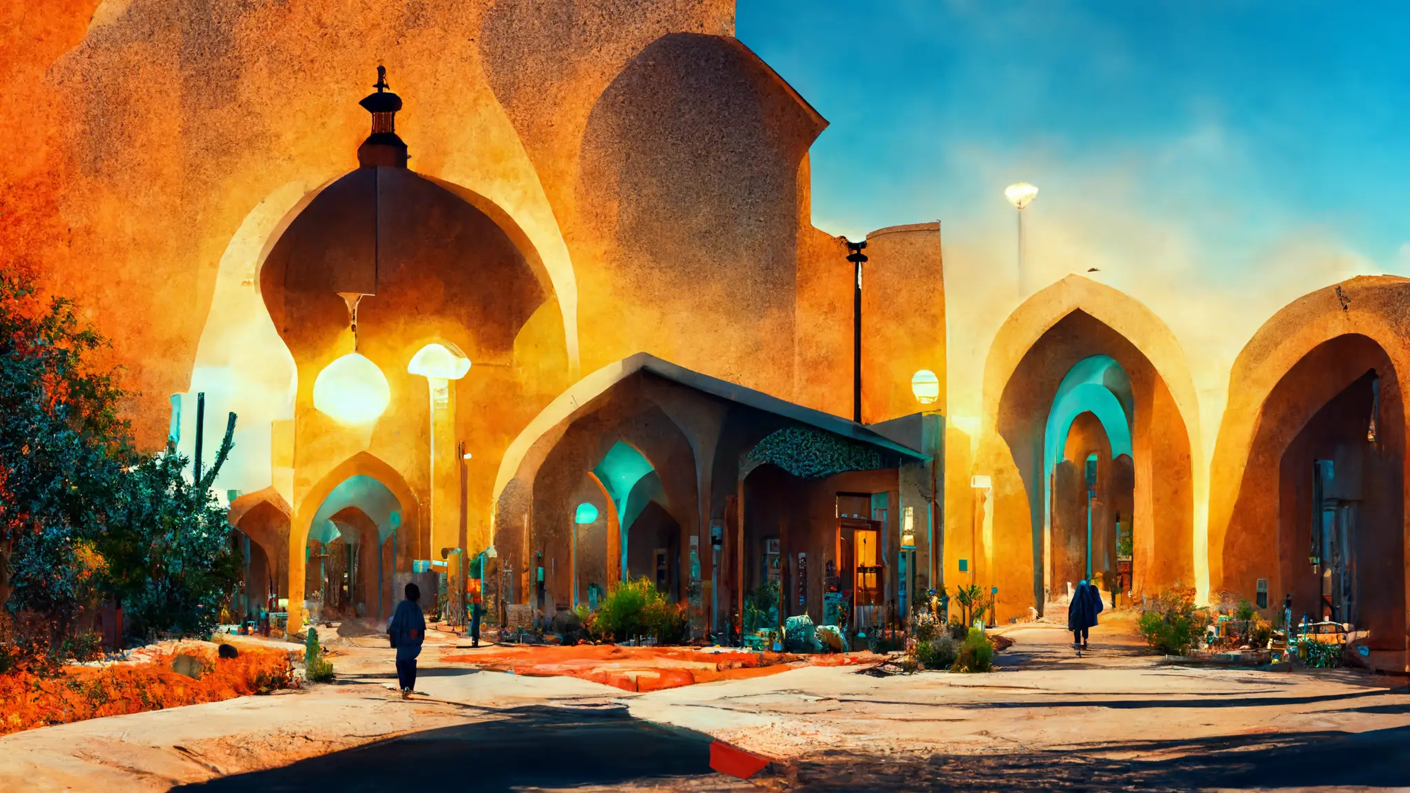 A Beautiful Street With Lamps In Front Of A Desert Mosque, 8K HDR