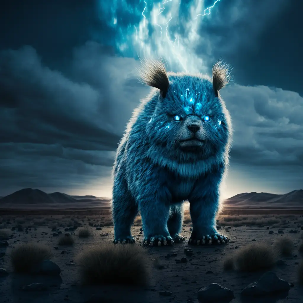 A Monstrous, Blue Furry Bear like Beast, Standing On Its Hind Legs, Set In An Apocalyptic Landscape With A Beam Of Blue Light Coming From The Dark, Cloudy Sky, Insane Detail, Photorealistic --Q 2 --V 4