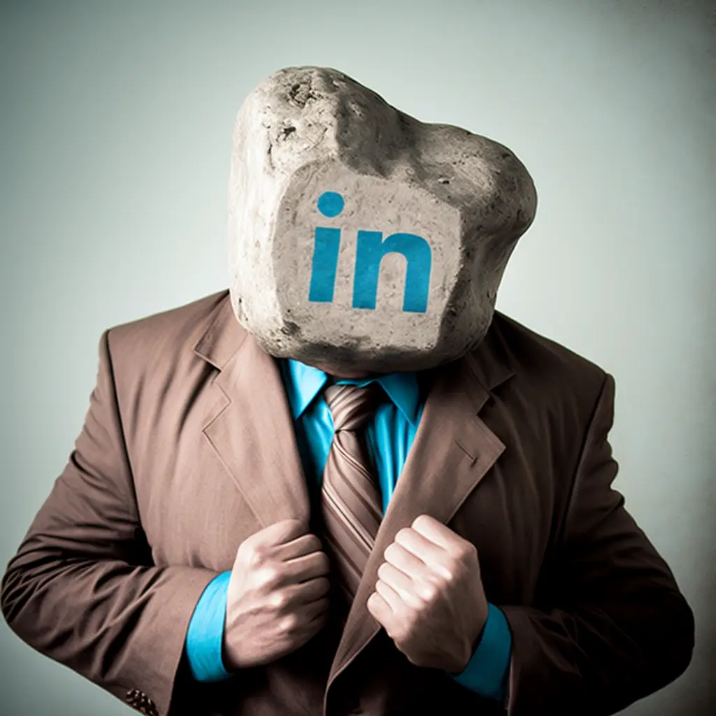 Man With Costume Suit Holding A Very Heavy Linkedin Stone Logo, He Is Struggling Ans Sweating, Pain Of His Face, His Shirt Is Wet By Sweat