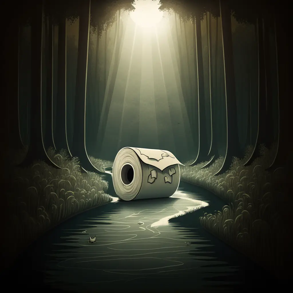 A Roll Of Toilet Paper Floating In The Middle Of A Moody Swamp, A God Like Beam Of Light Is Shining Through The Trees, Cartoon, Digital Art