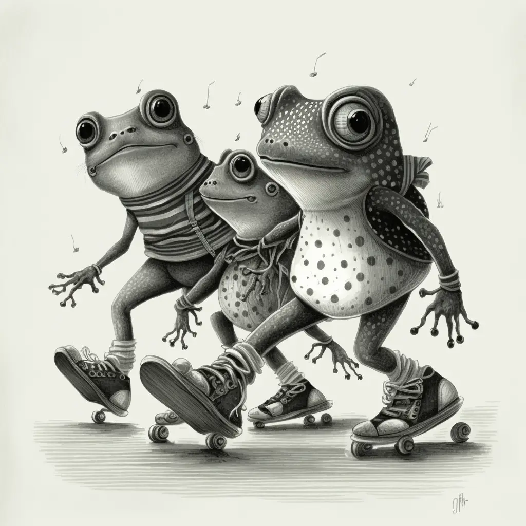 Illustration Black & White Cartoon Frogs