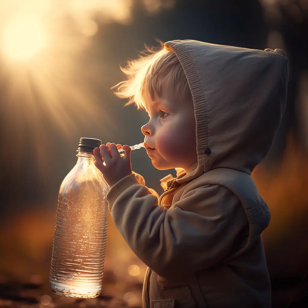 Child Drinks A Bottle Of Water