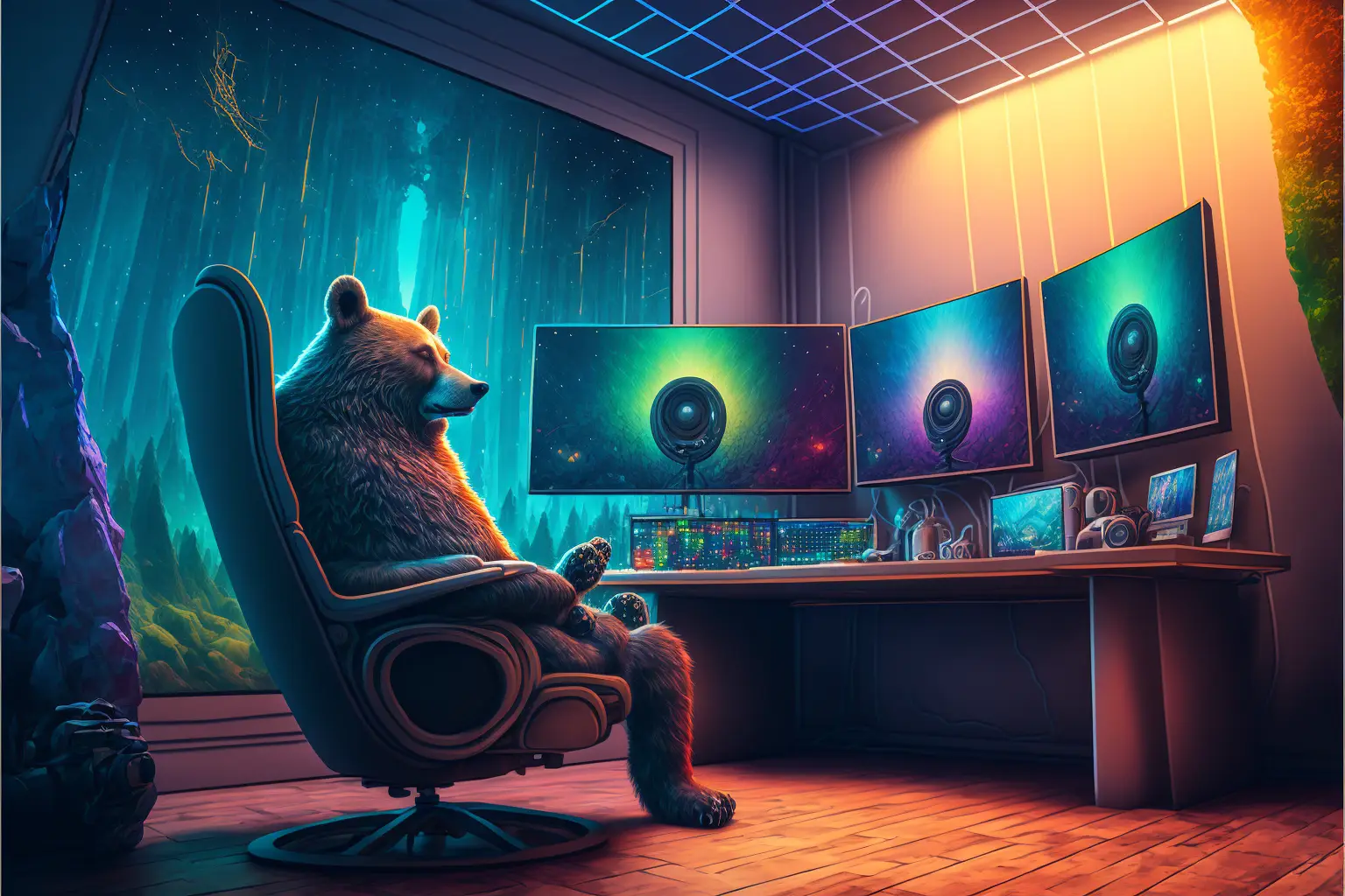 A Room With A Bear In A Chair In Front Of Many Monitors